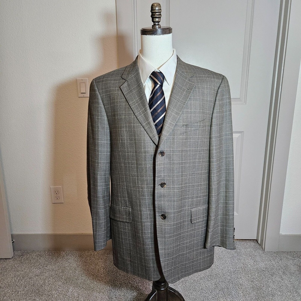 Joseph Abboud Suit Blazer Sport Coat Men 42L 52% Silk 48% Wool Tan Plaid